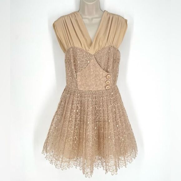 Tracy Reese Dresses & Skirts - Anthropology Frock! By Tracy Reese Nude Gold Floral Fit and Flare Mini dress